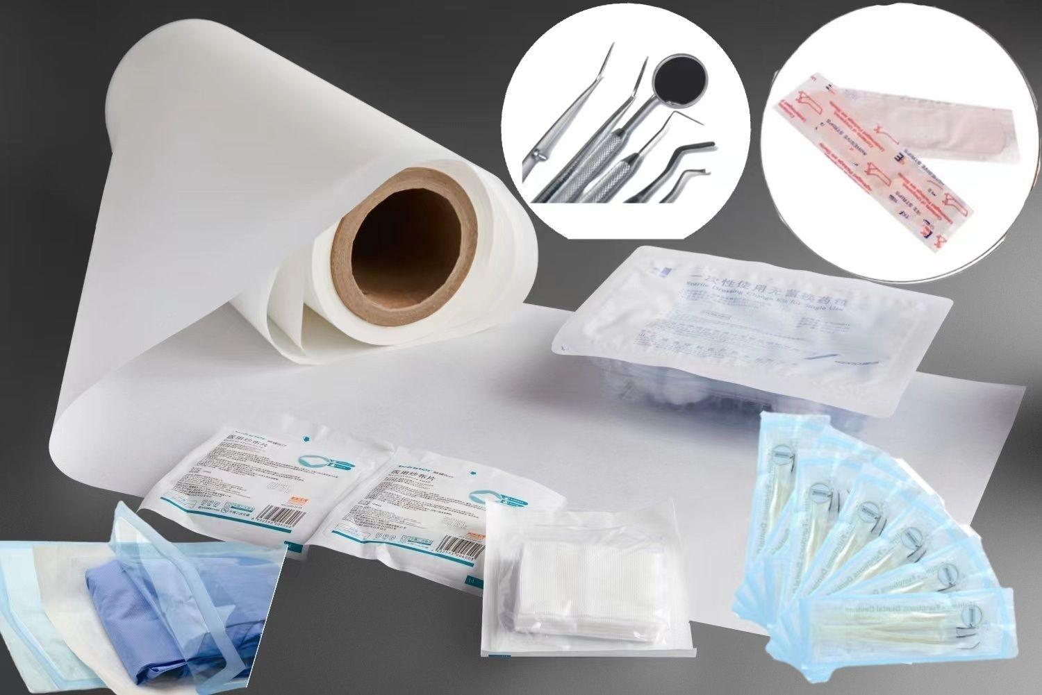 A grid of various tyvek medical packaging on a gray background